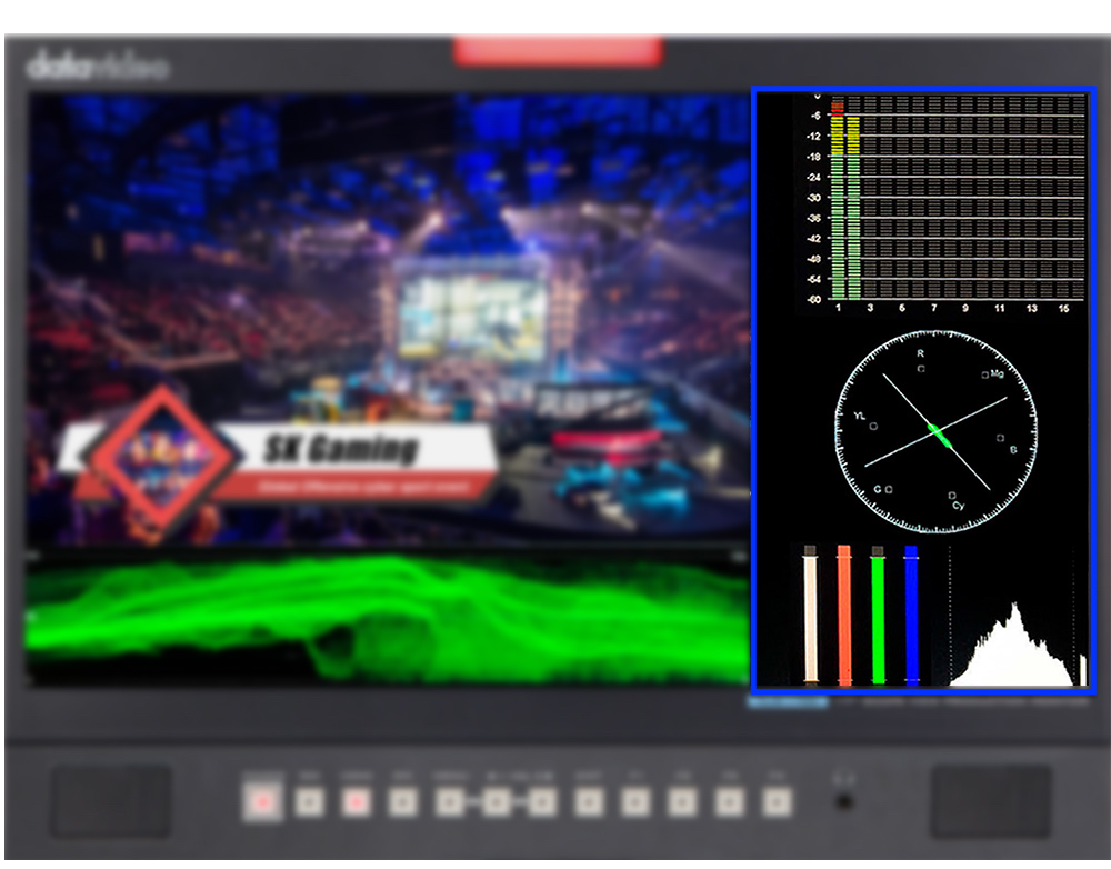 Funkce waveform, vectorscope a měřič úrovně zvuku na monitoru Datavideo TLM-170V