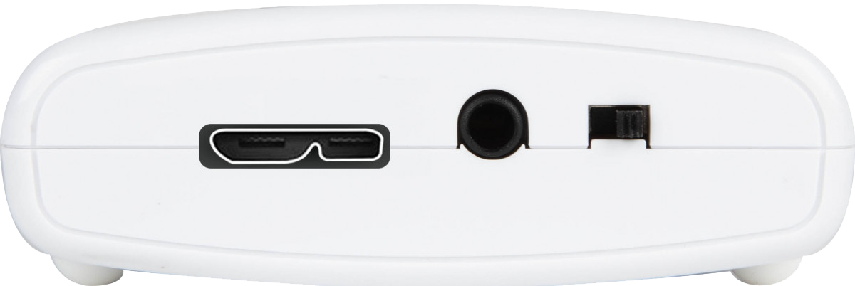 Konektorová strana Datavideo CAP-1 s USB, externím zvukovým vstupem a přepínačem