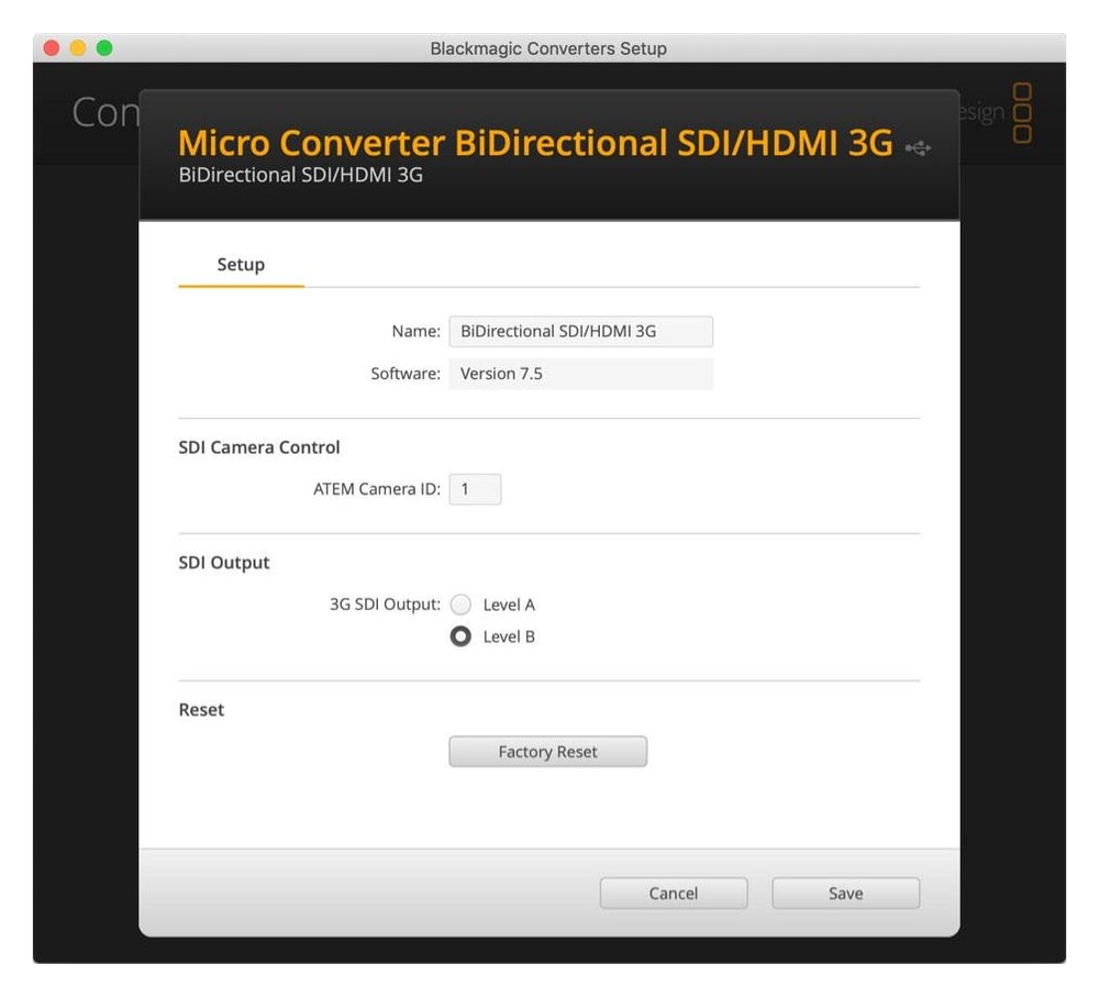 Micro Converter BiDirectional SDI/HDMI 3G – Nastavení v aplikaci Blackmagic Converters Setup