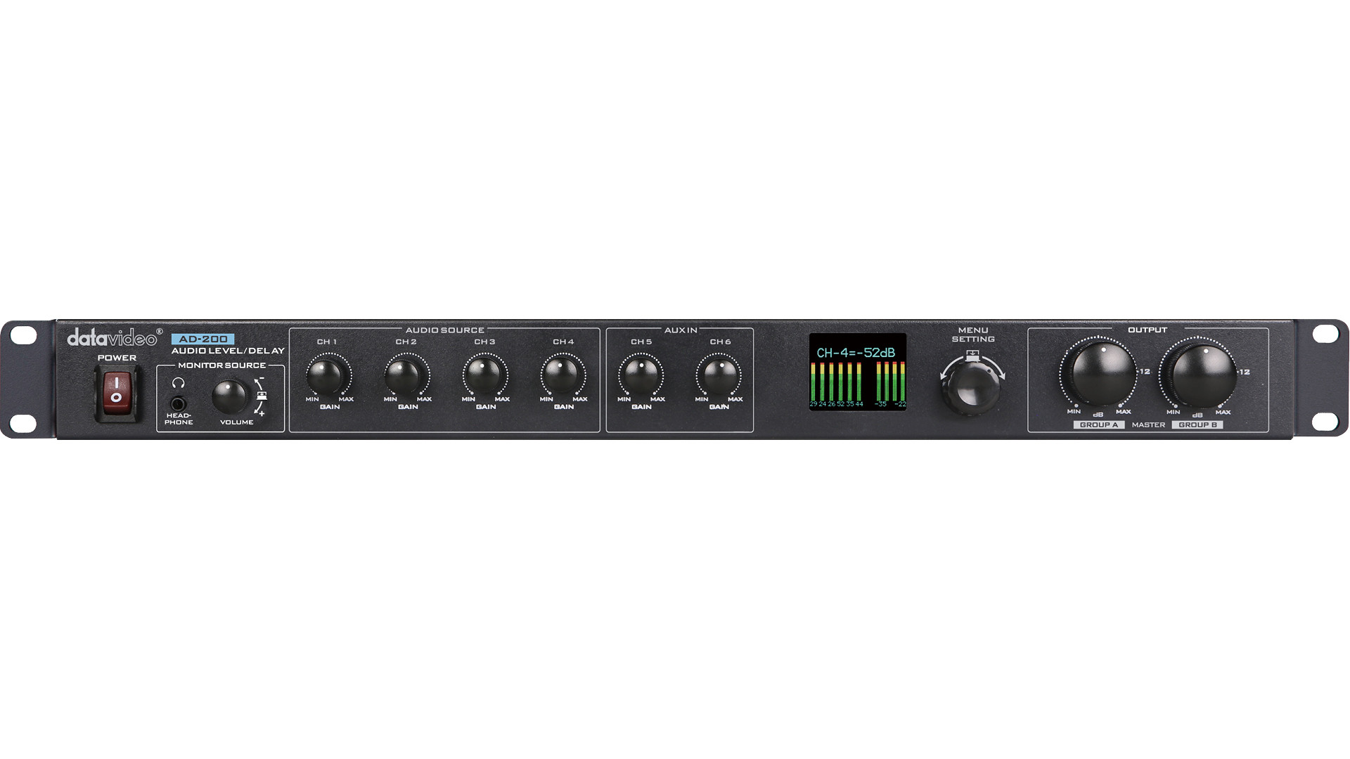 Detailní produktový vizuál zvukového mixéru Datavideo AD-200
