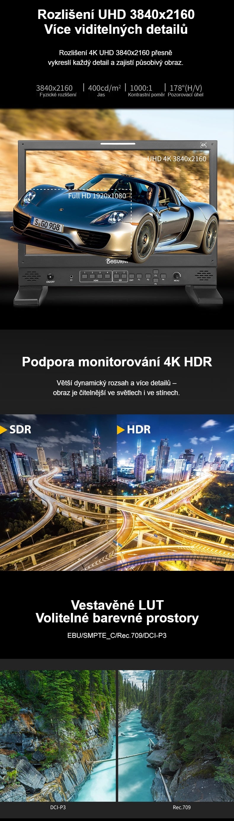 Rozlišení 4K UHD, HDR a vestavěné LUT