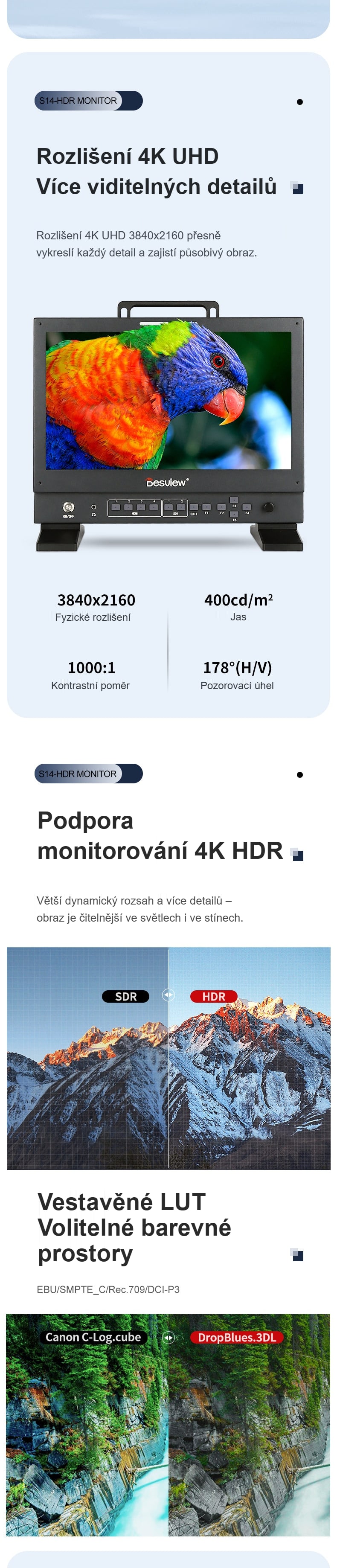 Rozlišení 4K UHD, HDR a vestavěné LUT