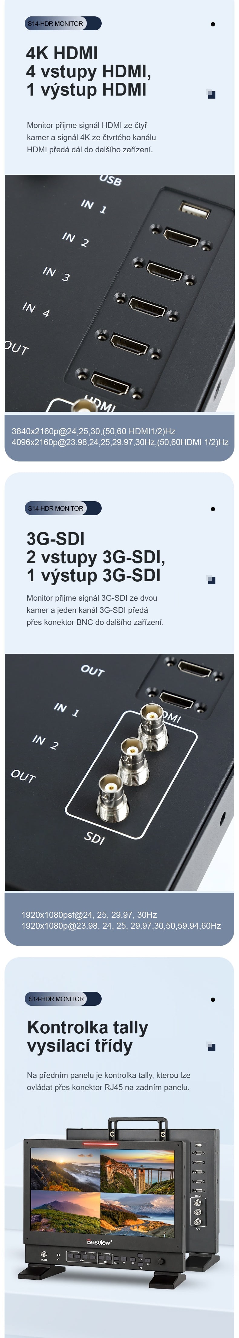 Čtyři HDMI, dva 3G-SDI a kontrolka tally