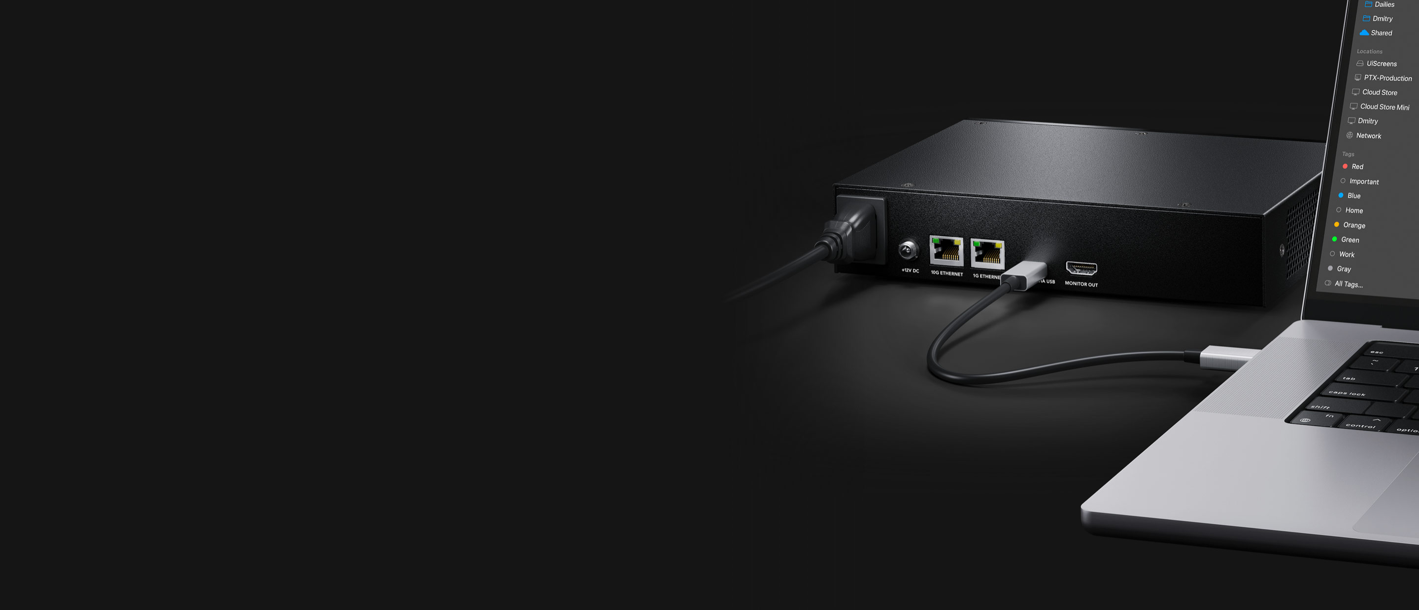 Zadní panel Blackmagic Cloud Store Mini 16TB s 10G Ethernetem, USB-C a HDMI
