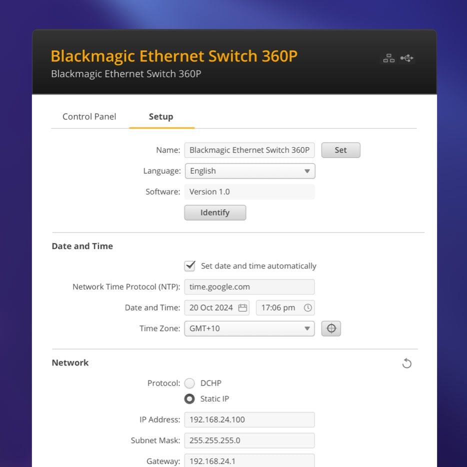Blackmagic Ethernet Switch 360P – Software pro nastavení a aktualizace