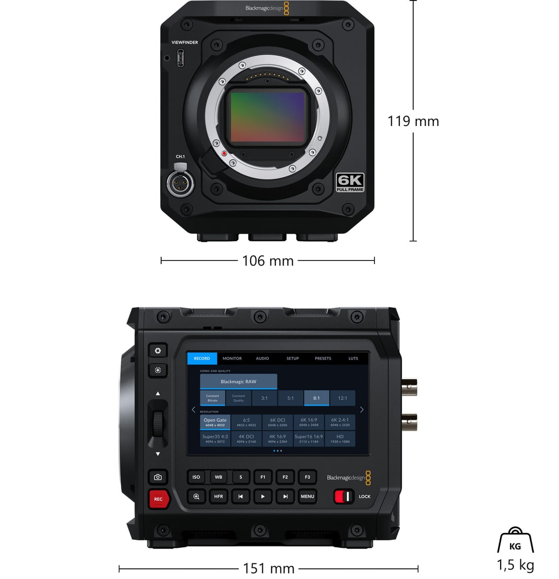 Blackmagic PYXIS 6K (L-Mount) – Rozměry a hmotnost