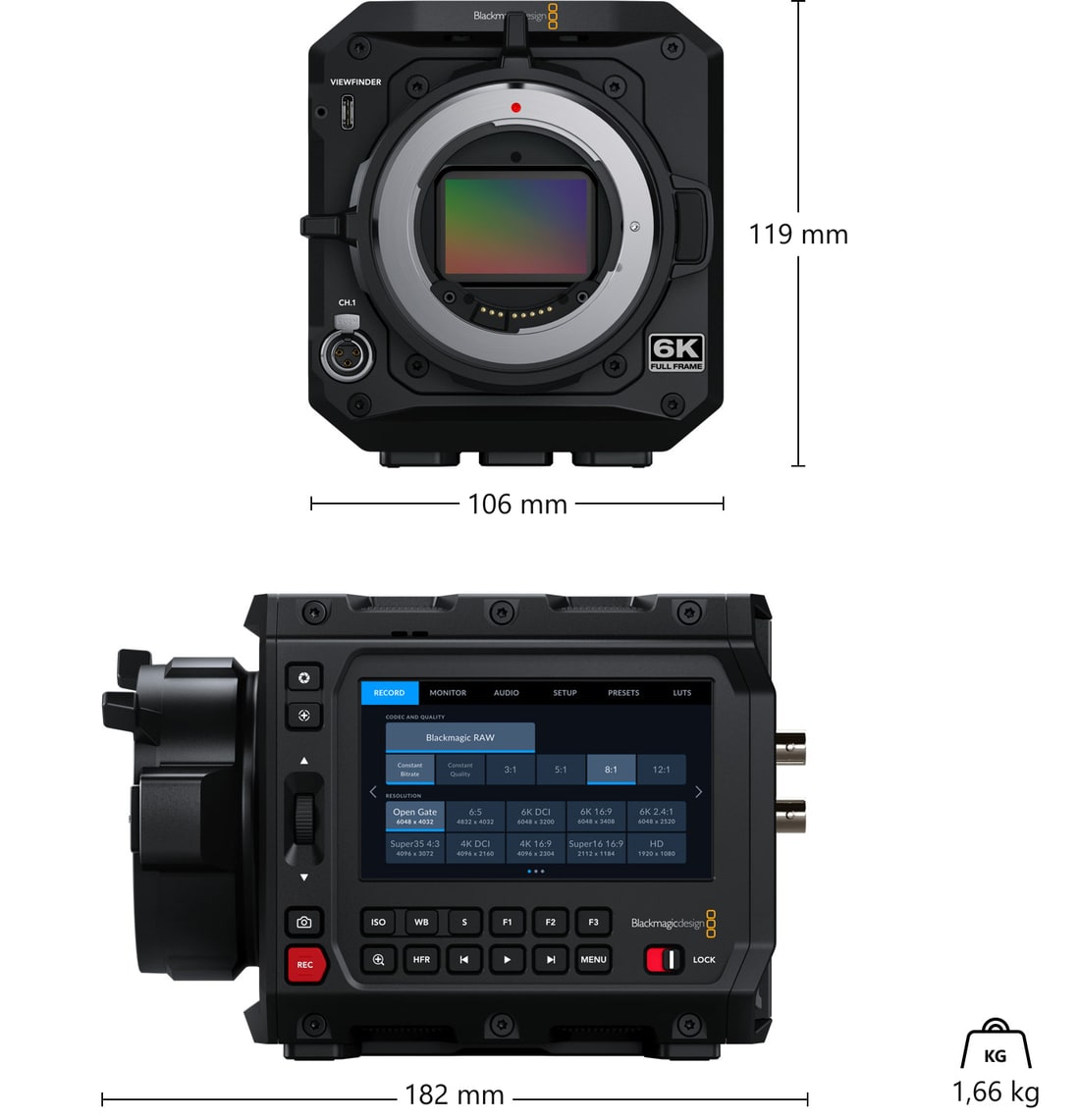 Blackmagic PYXIS 6K EF – Rozměry a hmotnost