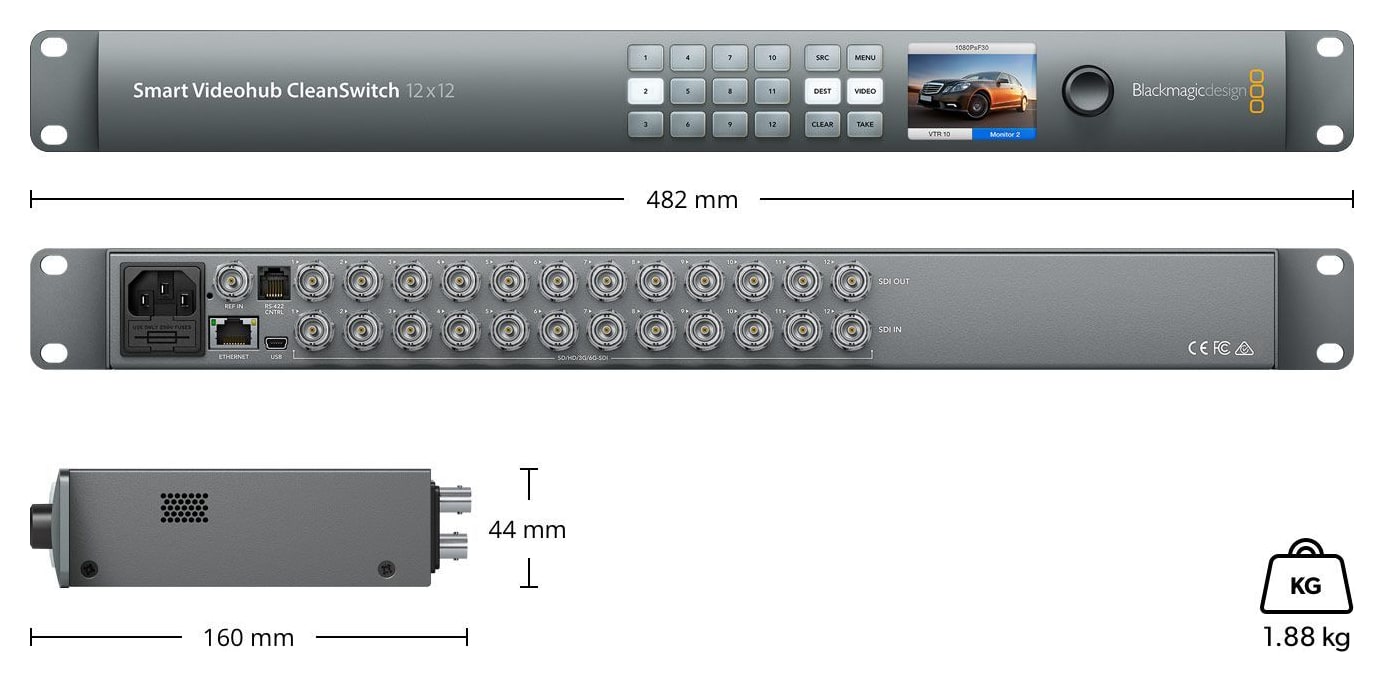Blackmagic Smart Videohub CleanSwitch 12x12 – Rozměry a hmotnost