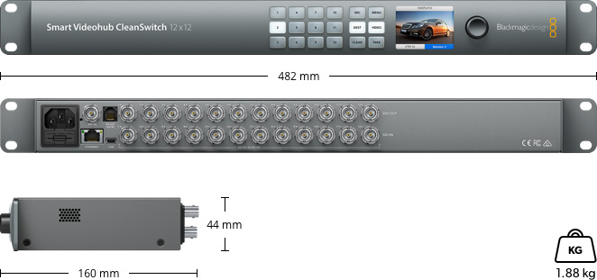 Smart Videohub CleanSwitch 12x12 – rozměry