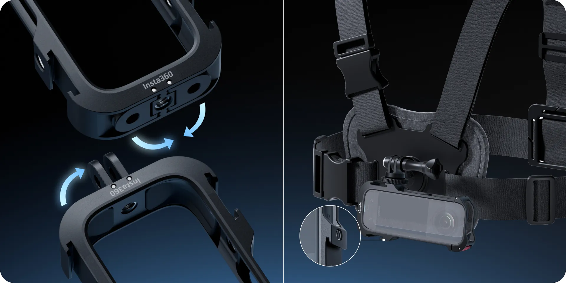 Svislé a vodorovné možnosti uchycení rámečku Insta360 X4