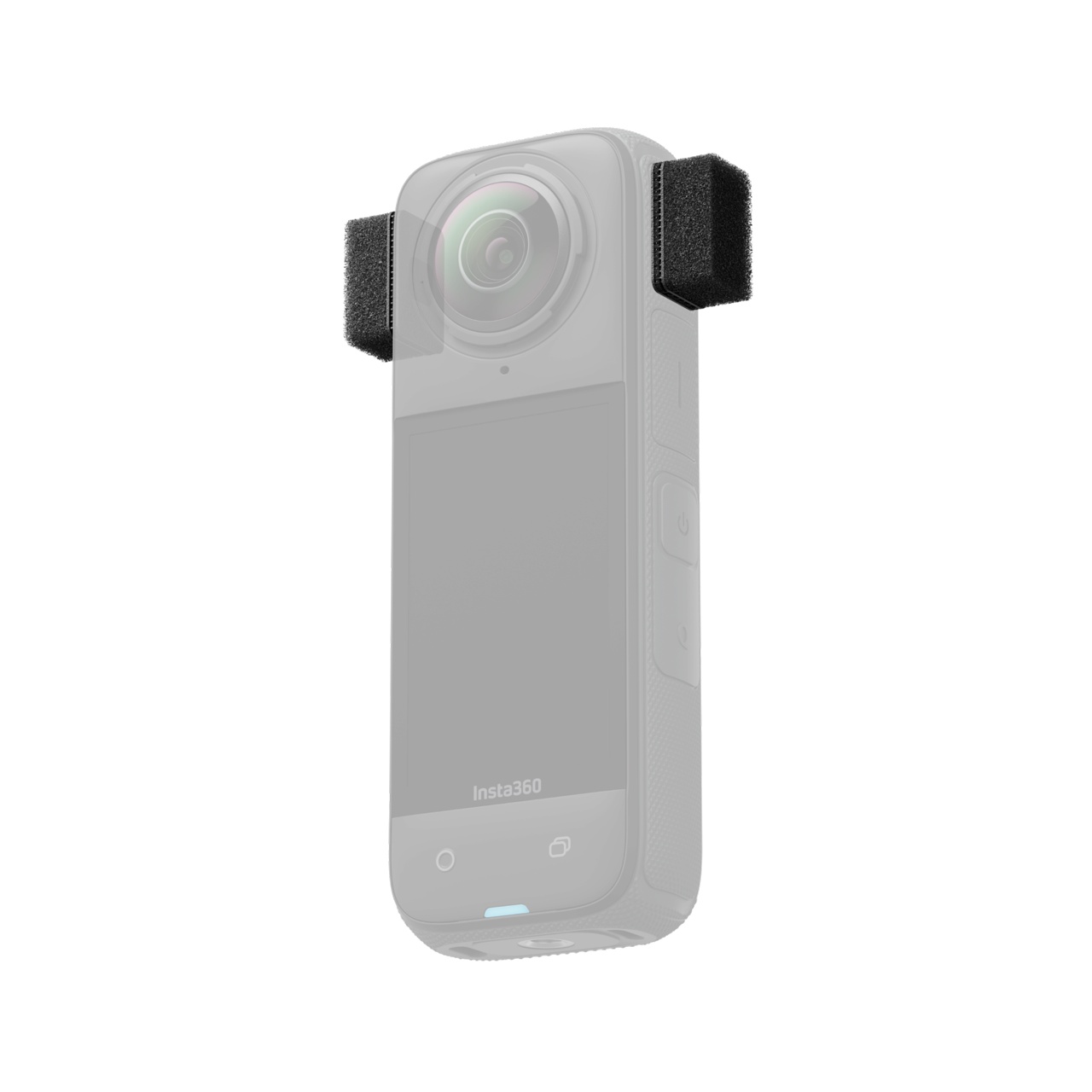 Insta360 X4 with foam microphone wind muffs installed