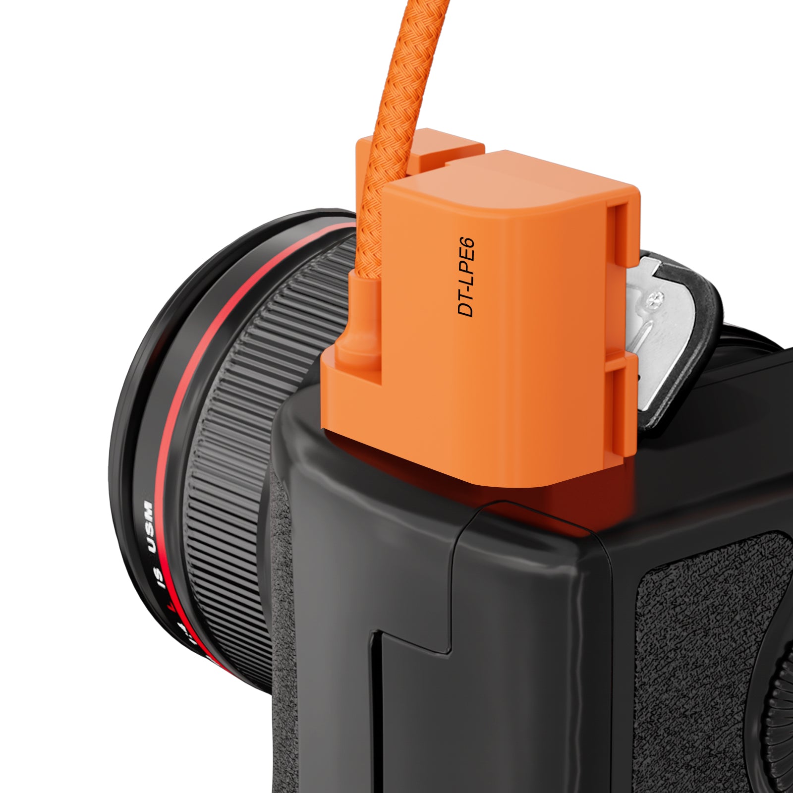 ZGCINE DT-LPE6 dummy battery installed in a Canon camera