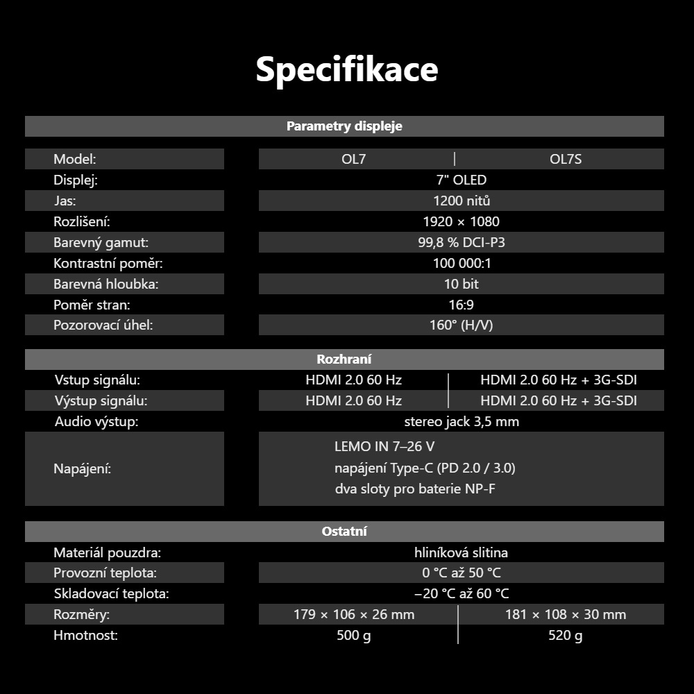 Desview OL7 / OL7S – Tabulka parametrů OL7 a OL7S
