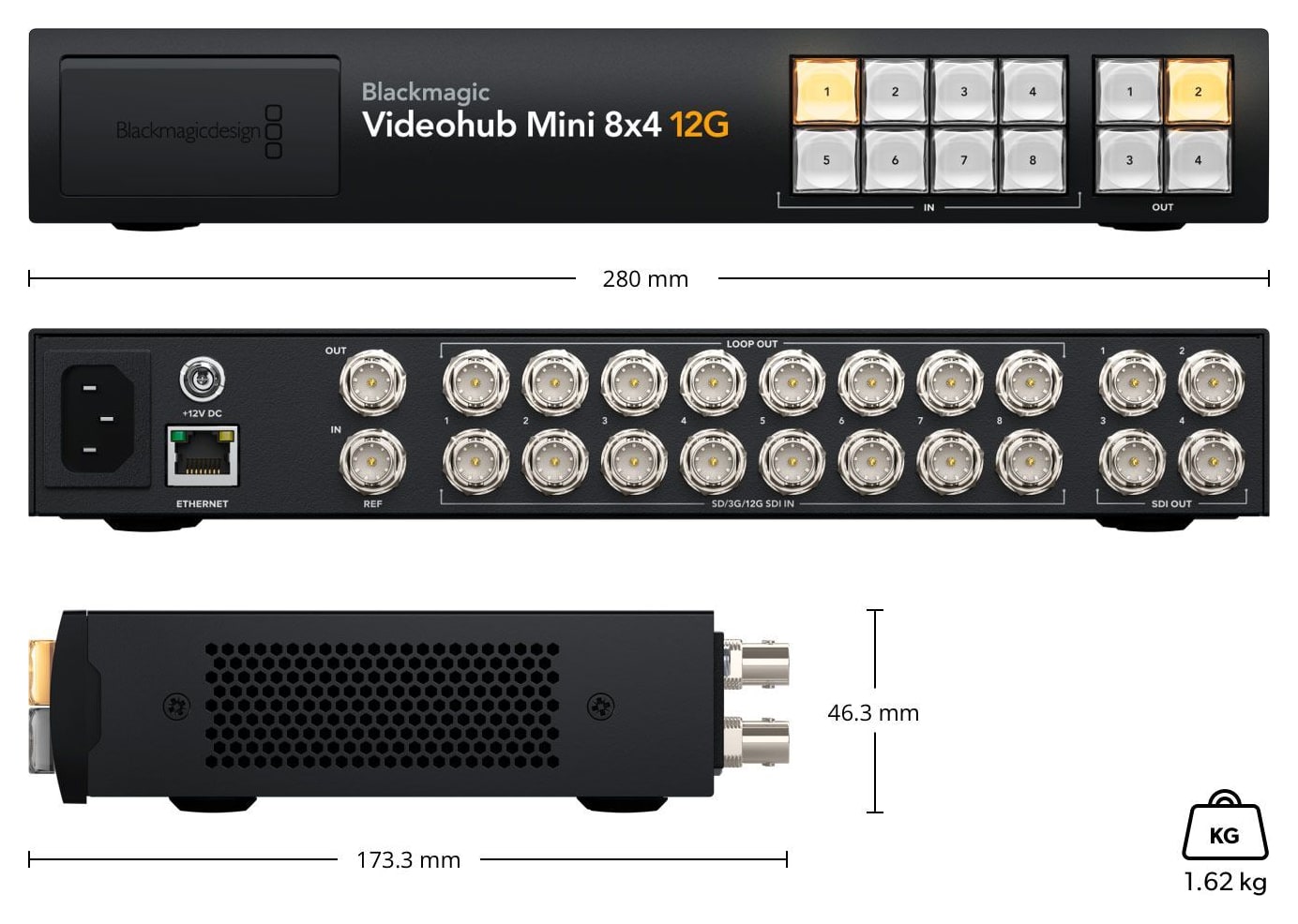 Blackmagic Videohub Mini 8x4 12G – Rozměry a hmotnost