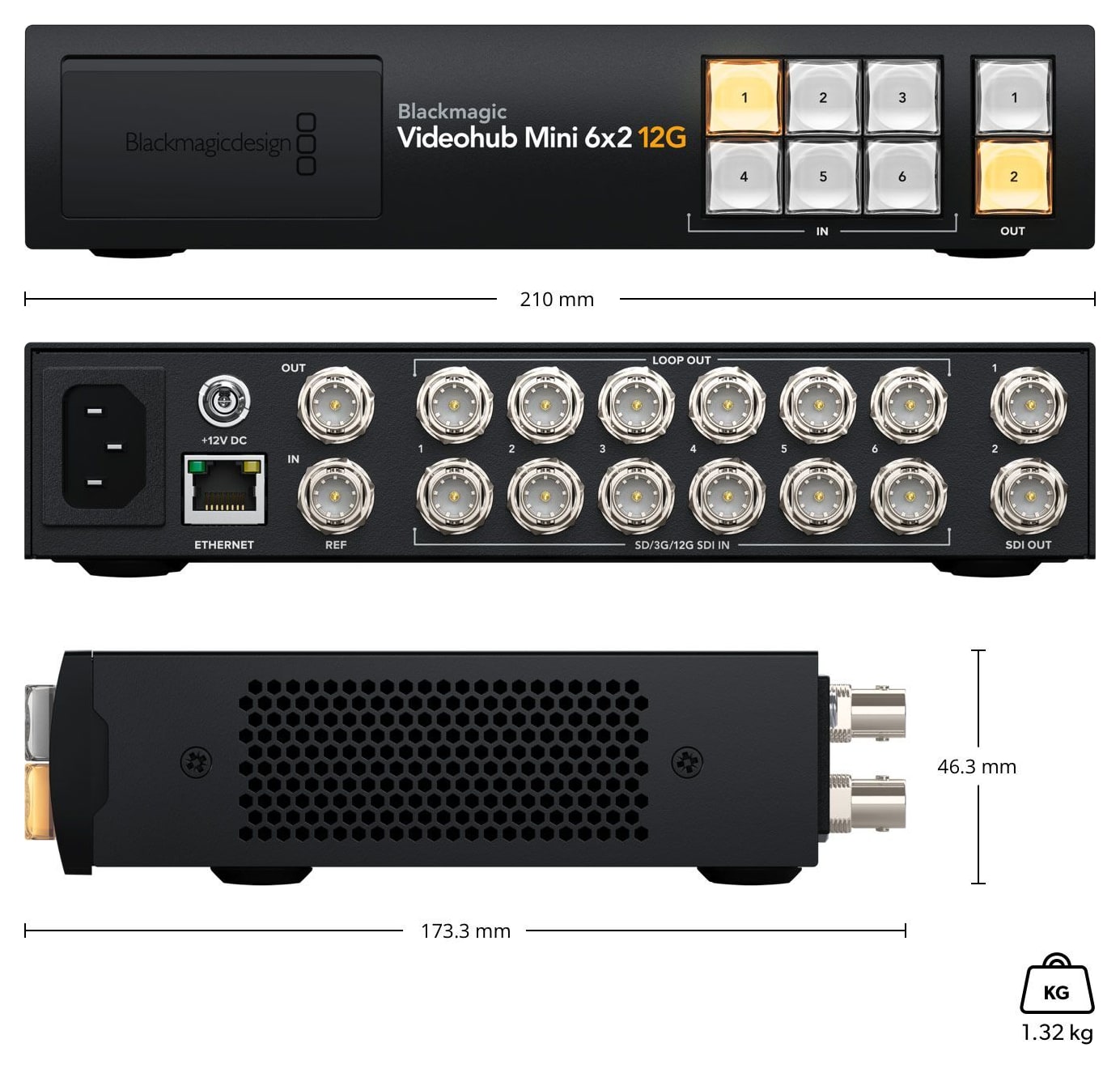 Blackmagic Videohub Mini 6x2 12G – Rozměry a hmotnost