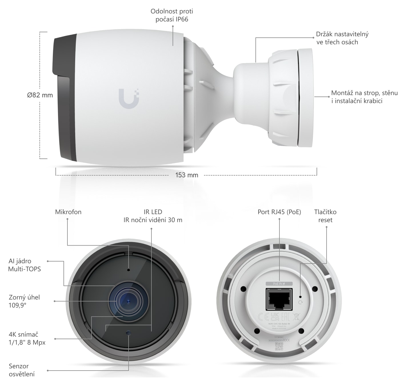 Ubiquiti UniFi Protect G6 Bullet, bílá – Popis kamery a rozměry
