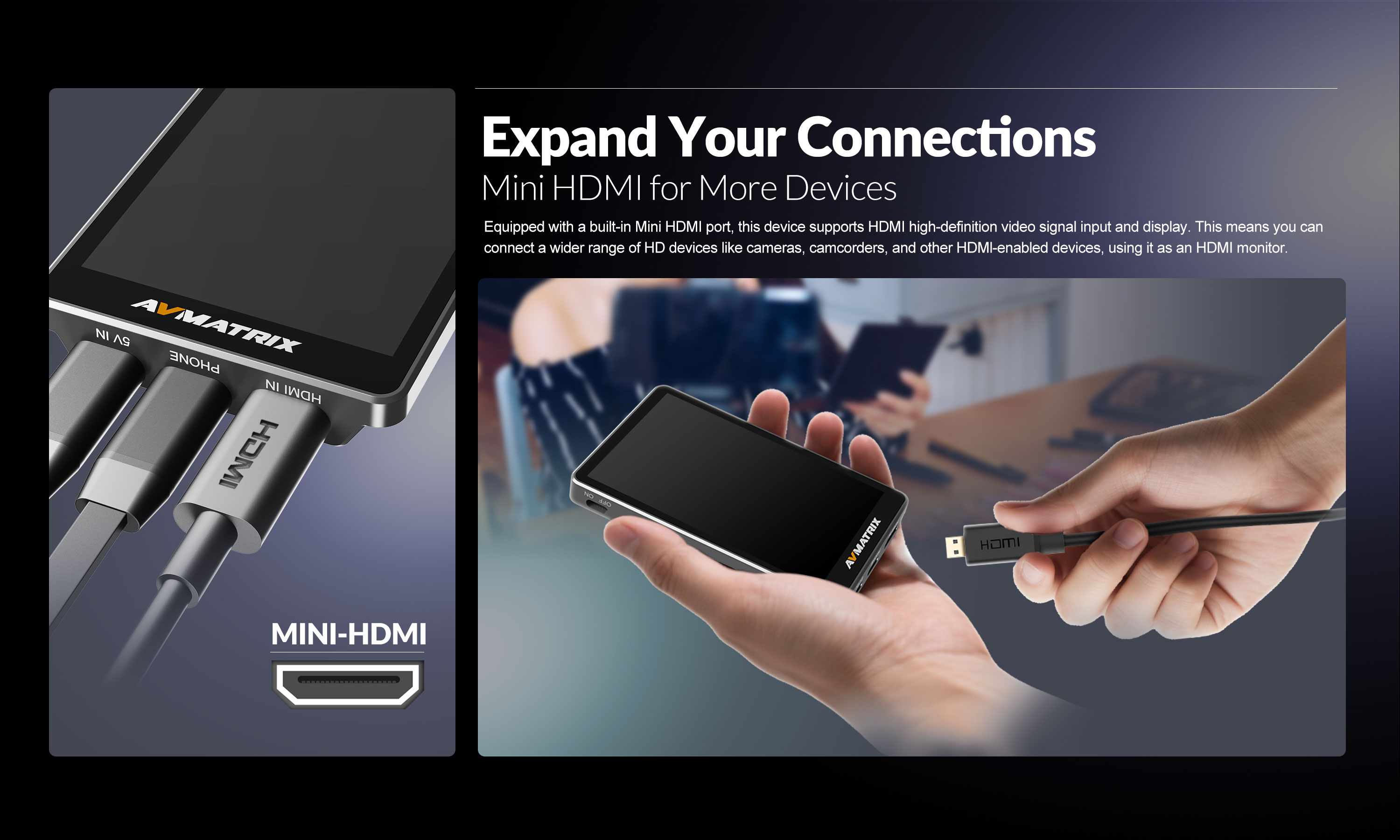 AVMATRIX VM40 USB-C a HDMI připojení