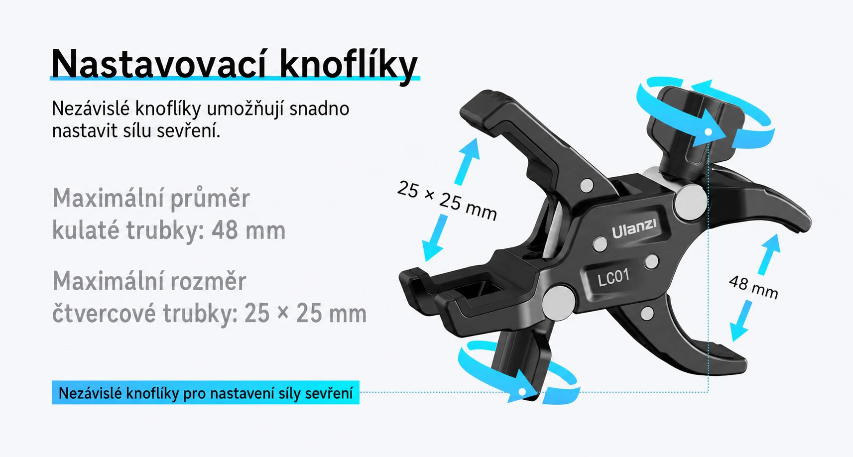 Česká infografika rozsahu a nastavení svorky Ulanzi LC01