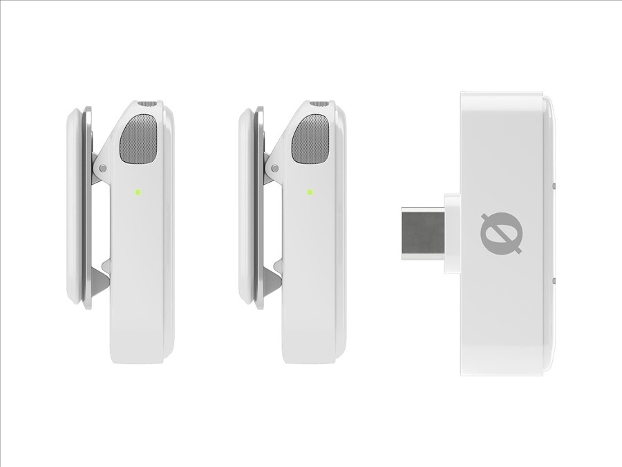 Ultrakompaktní dvoukanálový bezdrátový mikrofonní systém v bílá provedení s přijímačem USB-C, inteligentním GainAssist a celkovou výdrží až 21 hodin s nabíjecím pouzdrem.