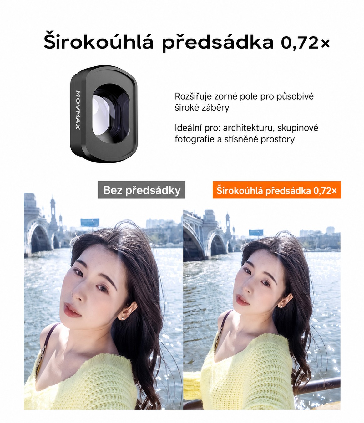 Předsádka MOVMAX 0,72× nasazená na DJI Pocket 3