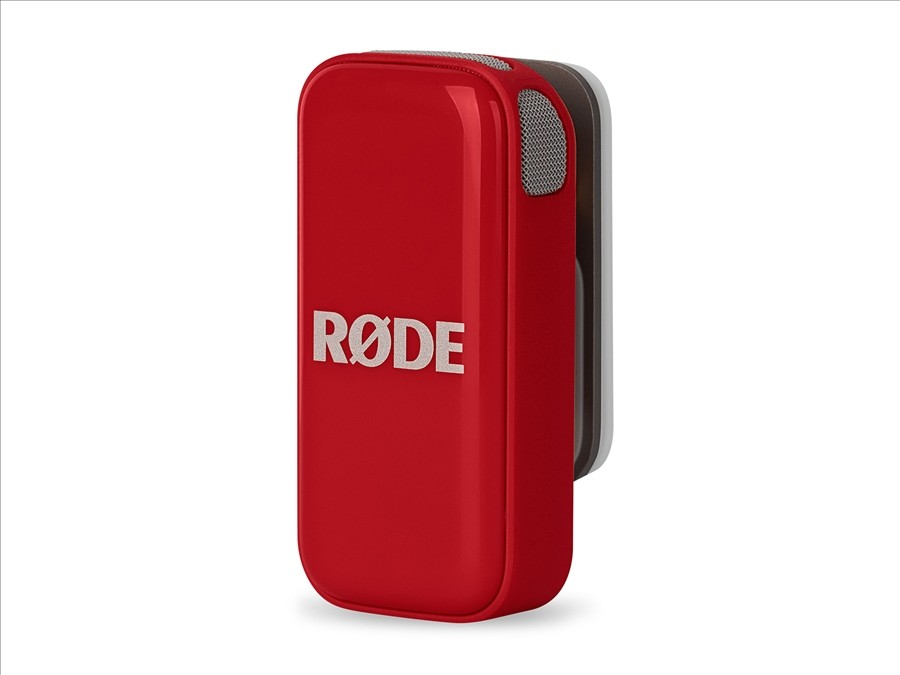 Red dual-channel wireless microphone system for USB-C phones and tablets with automatic GainAssist and charging case.