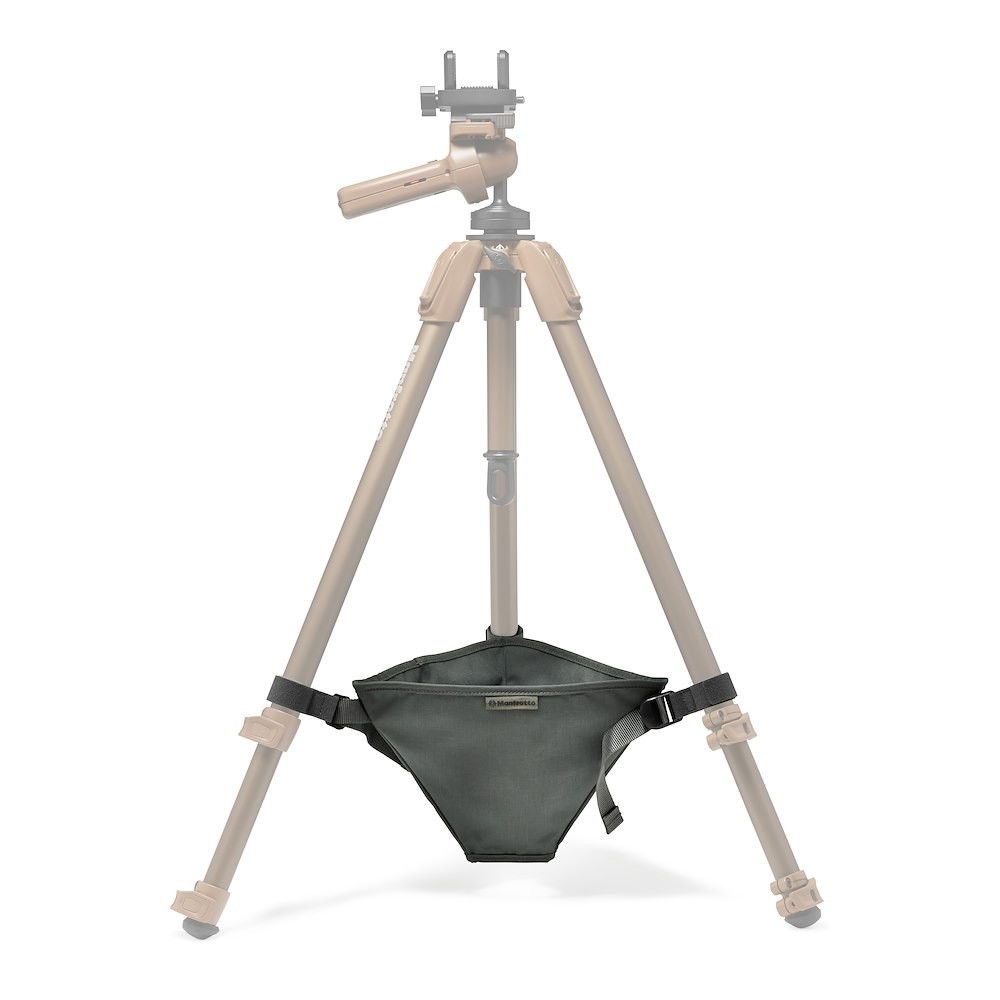 Manfrotto MB RO LB zwischen Stativbeinen; Stativ nicht enthalten