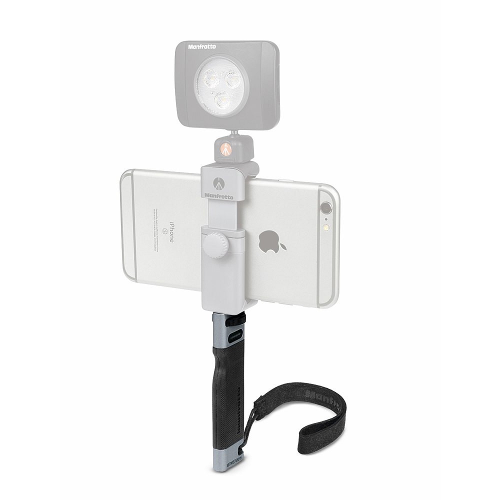 Manfrotto HandGrip spojený se svorkou TwistGrip a smartphonem