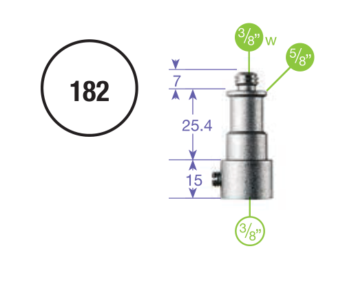 Technický výkres Manfrotto 182: vnější závit 3/8 palce W, čep 5/8 palce a hladká objímka 3/8 palce
