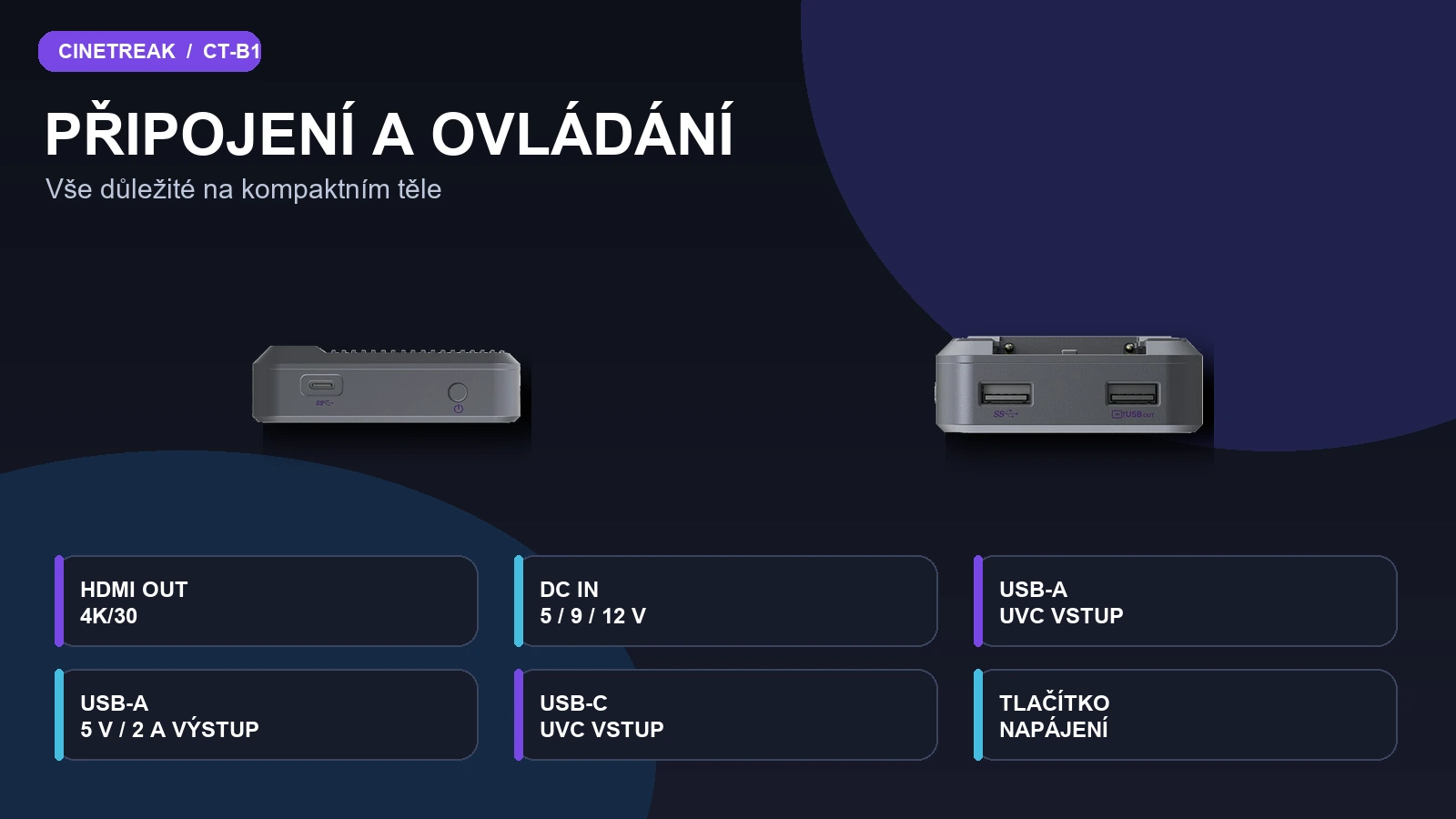 Přehled konektorů a ovládání převodníku CineTreak CT-B1