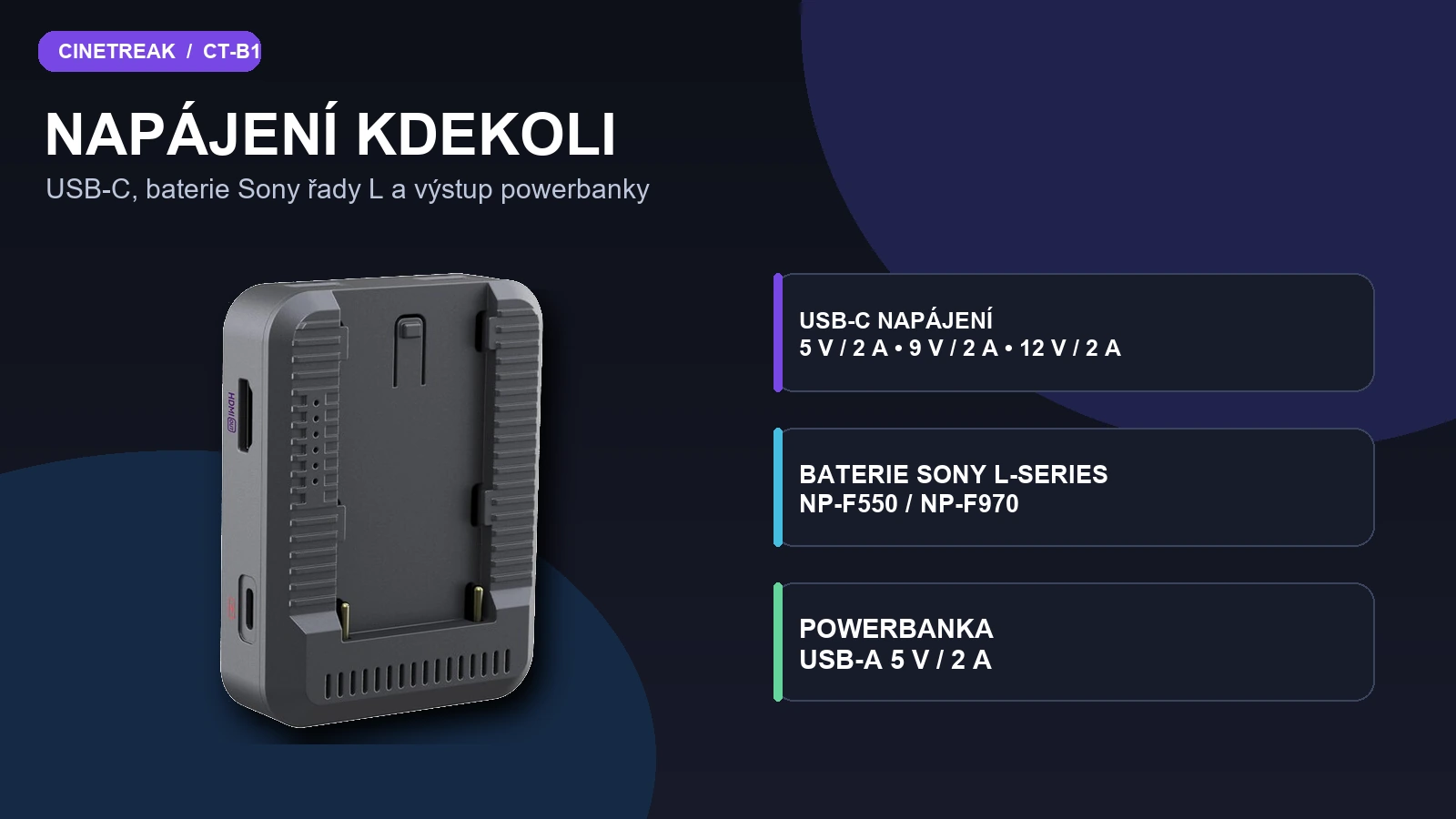 Možnosti napájení CineTreak CT-B1 přes USB-C, baterii Sony L-series a USB-A výstup