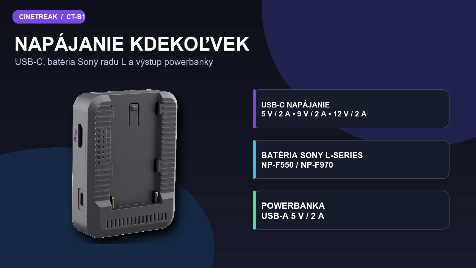 Možnosti napájení CineTreak CT-B1 přes USB-C, baterii Sony L-series a USB-A výstup