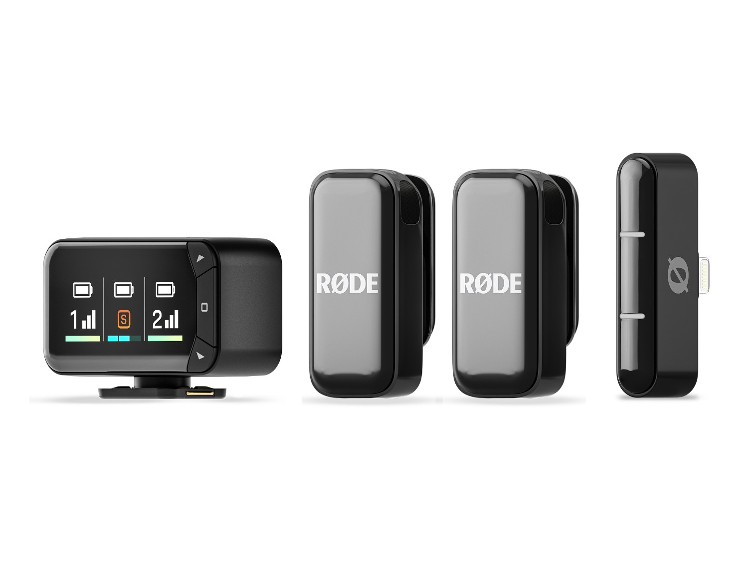 Complete dual-channel wireless system for cameras and phones with two receivers, display and charging case.