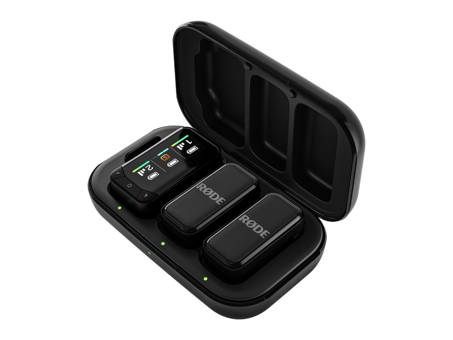 Complete dual-channel wireless system for cameras and phones with two receivers, display and charging case.