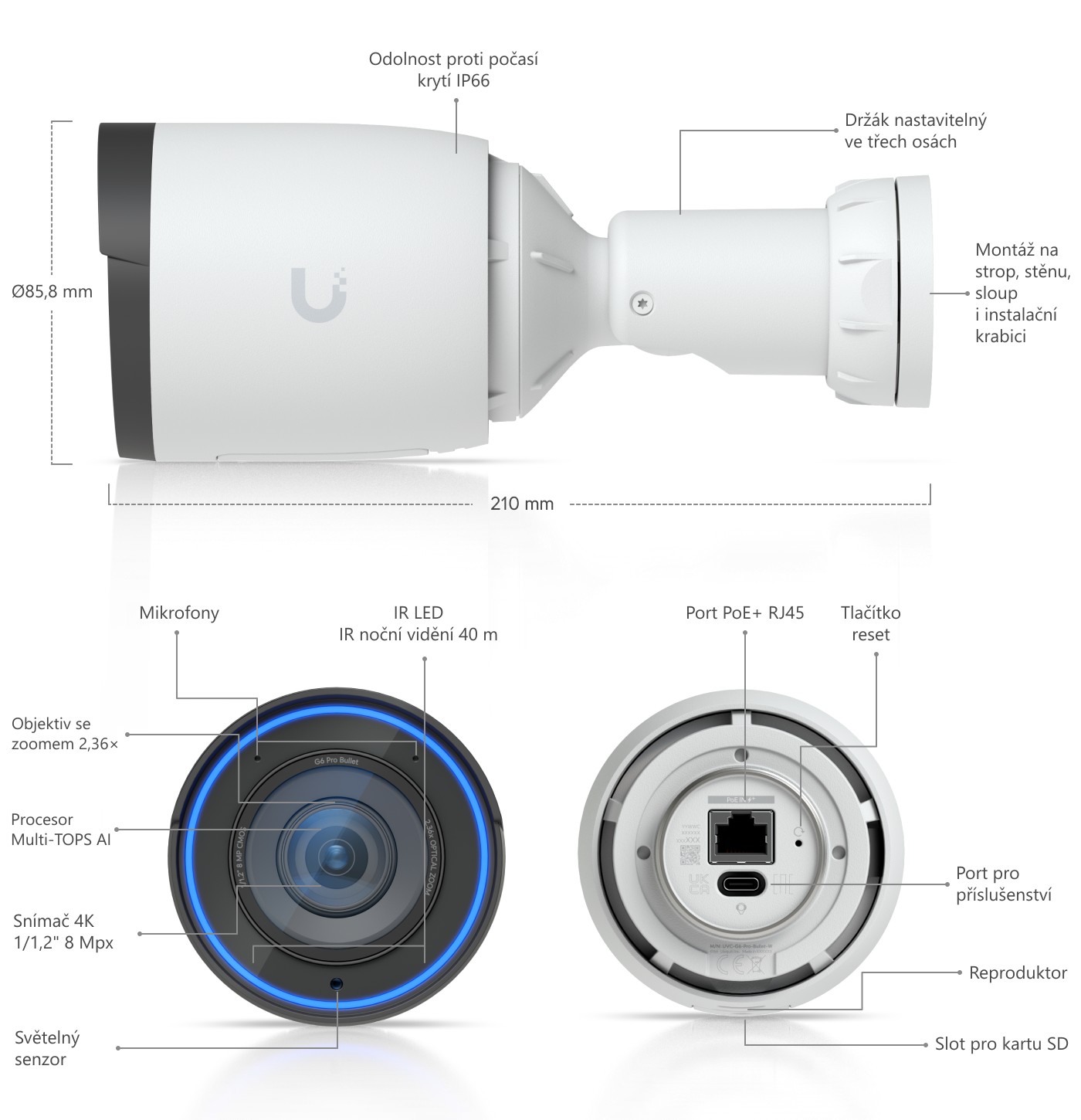 Ubiquiti UniFi Protect G6 Pro Bullet, bílá – popis kamery a rozměry