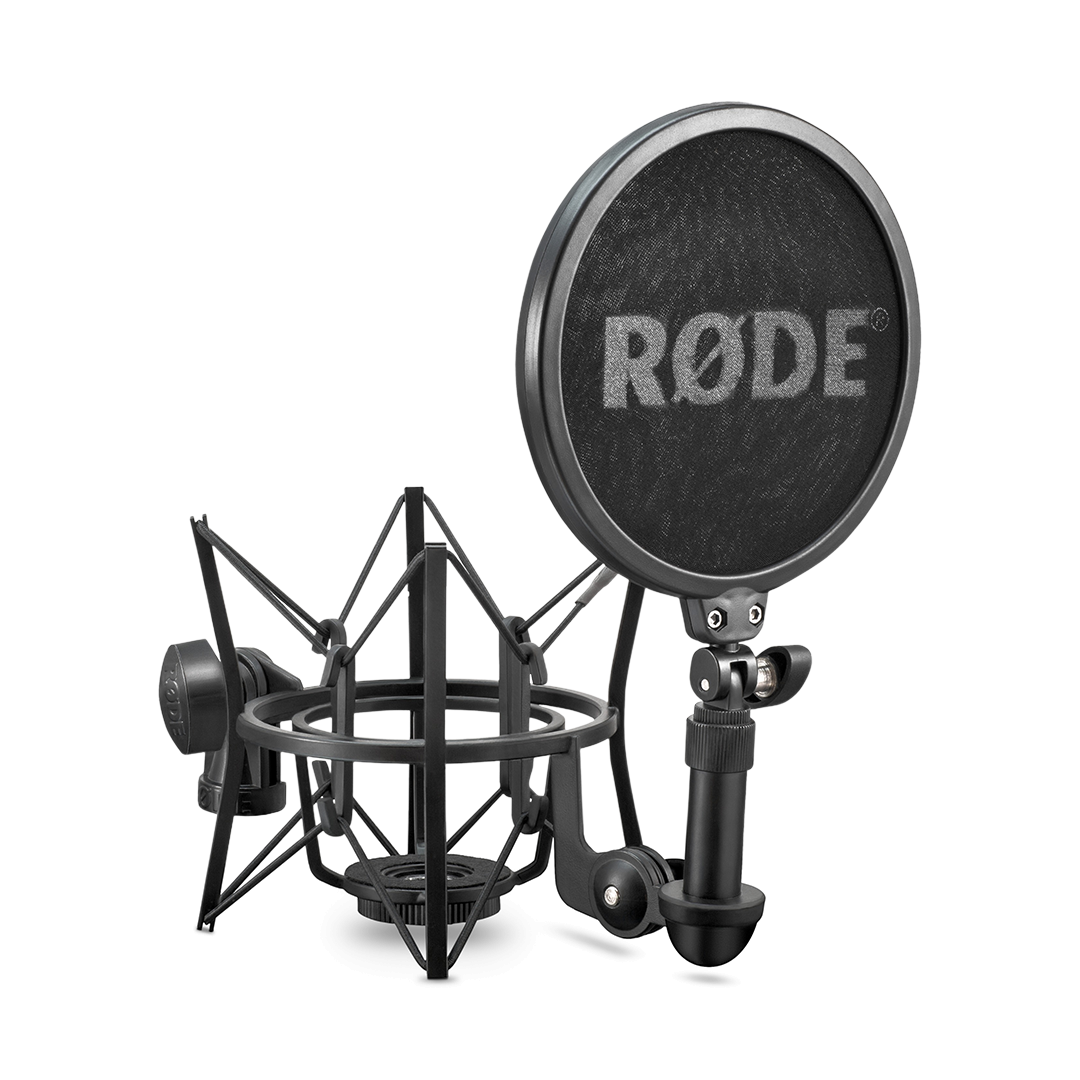 Professional shock mount with removable pop filter for RØDE large-diaphragm studio microphones.