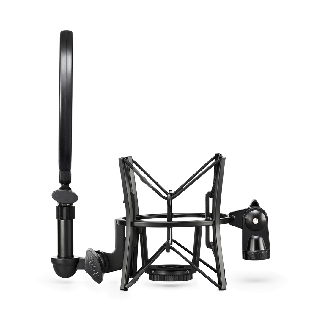 Professional shock mount with removable pop filter for RØDE large-diaphragm studio microphones.