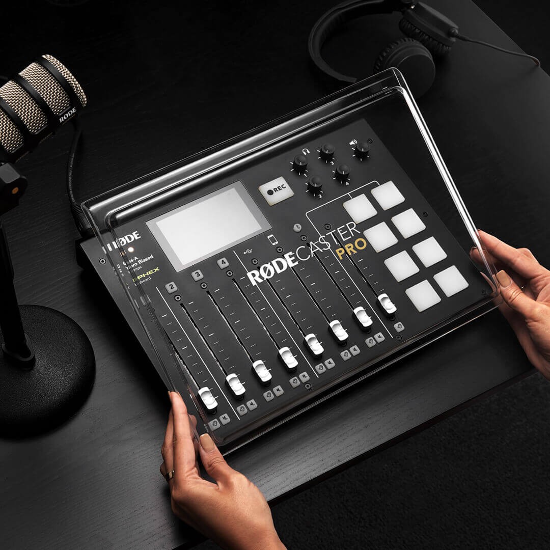 Precision-moulded clear polycarbonate cover protecting the original RØDECaster Pro from dust, dirt, spills and knocks.