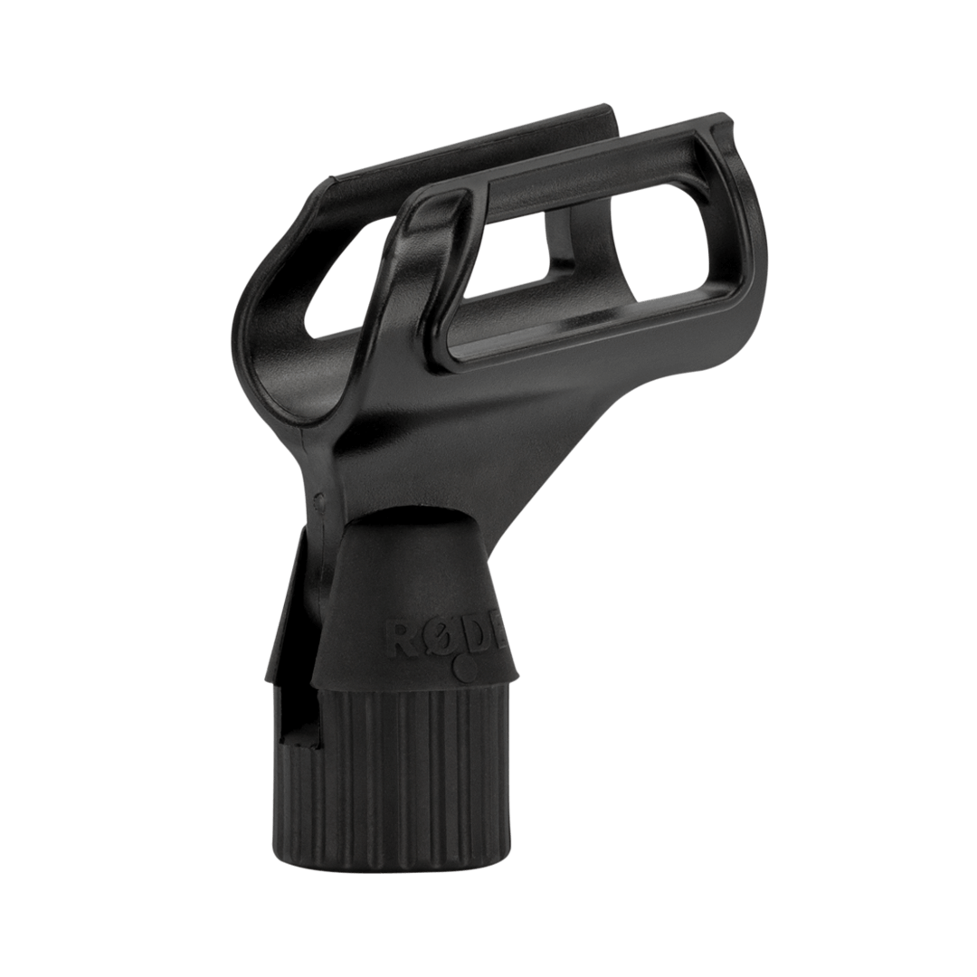 Rugged microphone clip for RØDE handheld microphones, supplied with a 3/8-inch to 5/8-inch thread adaptor.