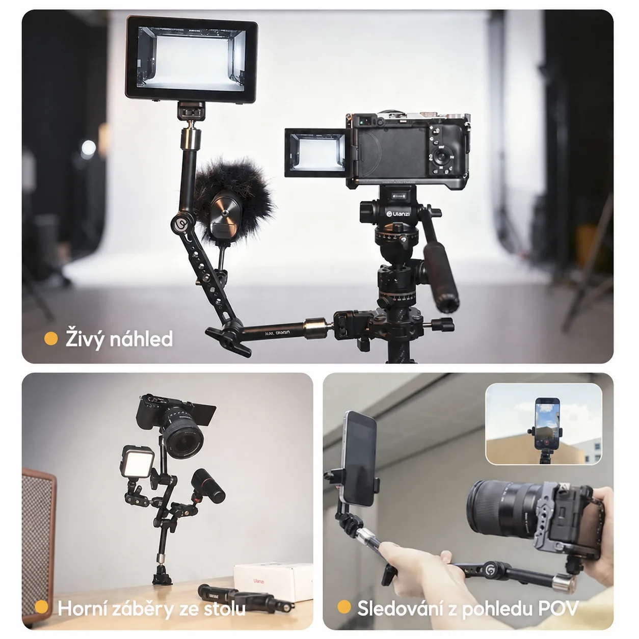 Ulanzi TA10 – živý náhled, horní záběry ze stolu a POV sledování