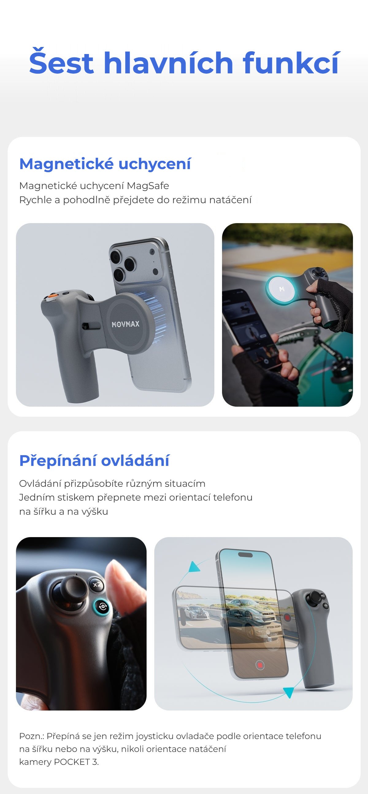 Magnetické uchycení a přepínání ovládání