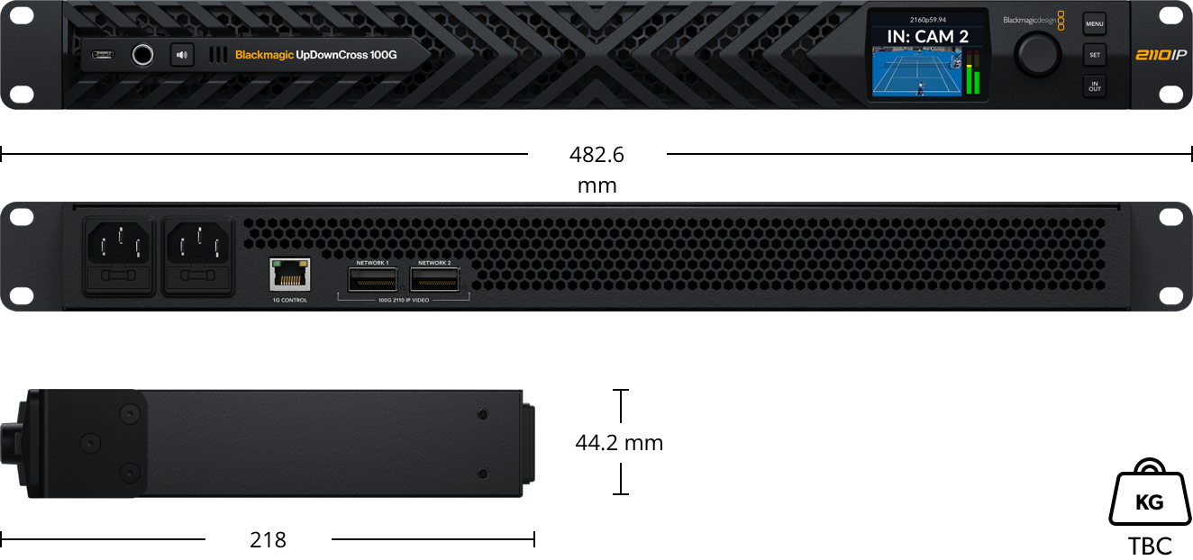 Rozměry a 1RU konstrukce Blackmagic UpDownCross 100G
