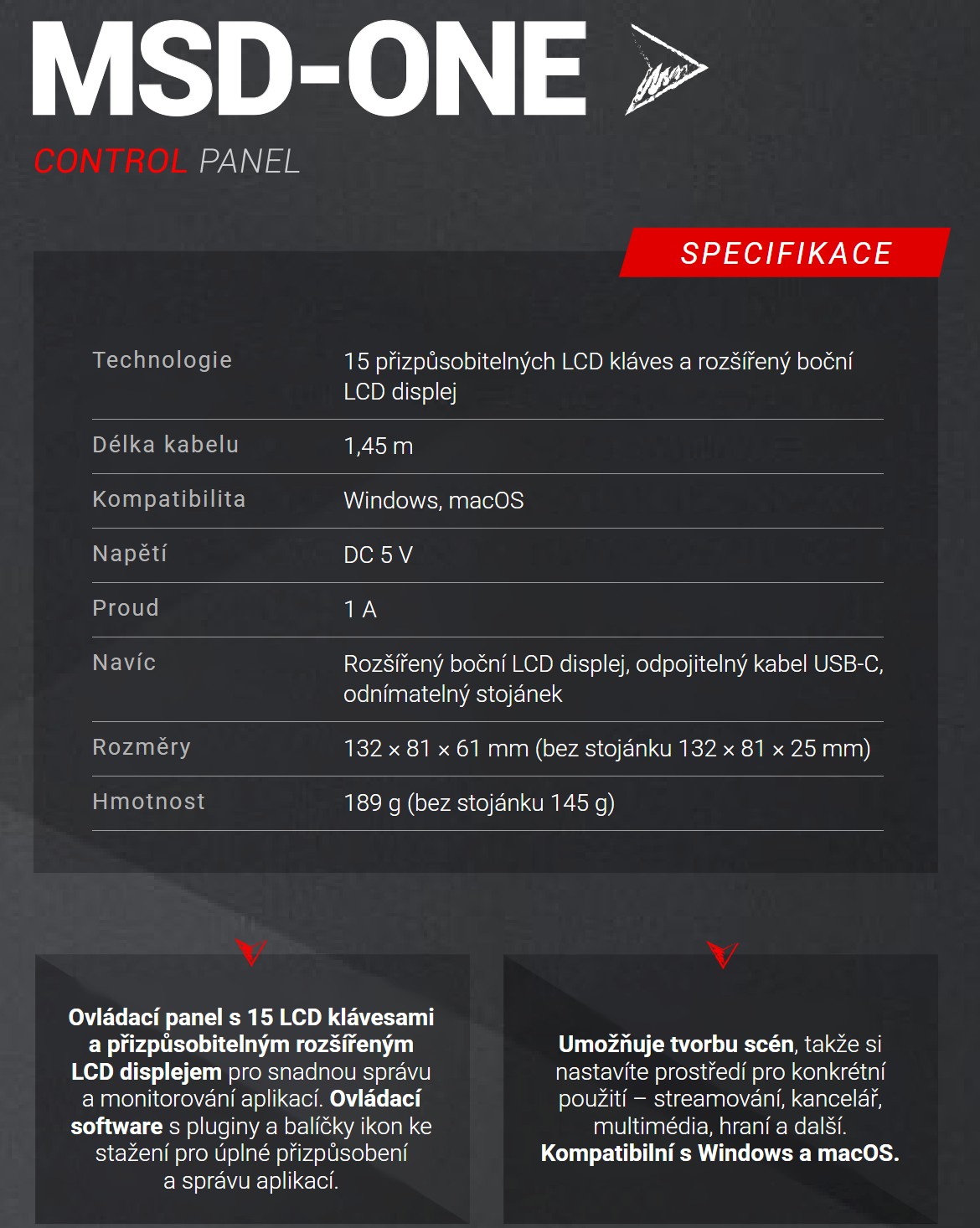 Mars Gaming MSD-ONE – Technické údaje v kostce