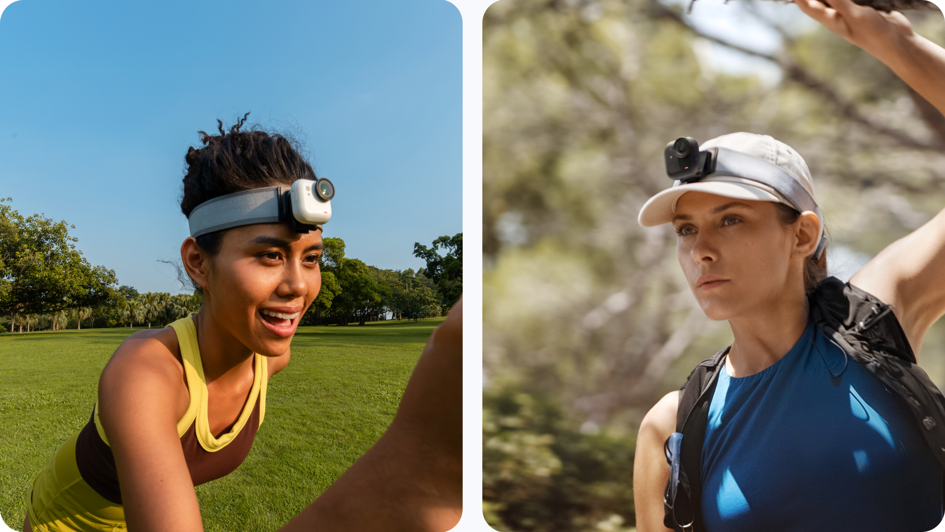 Čelenka Insta360 GO Ultra nošená přímo na hlavě a přes čepici