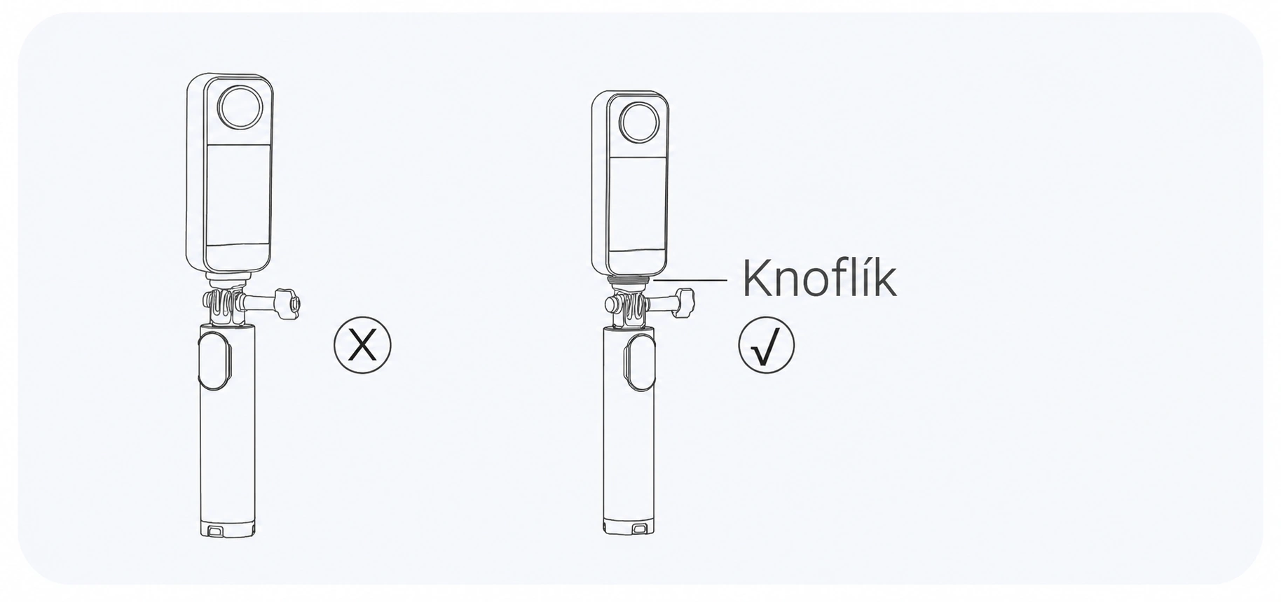 Správné rovnoběžné natočení 360° kamery a stativu s vyznačeným upínacím knoflíkem