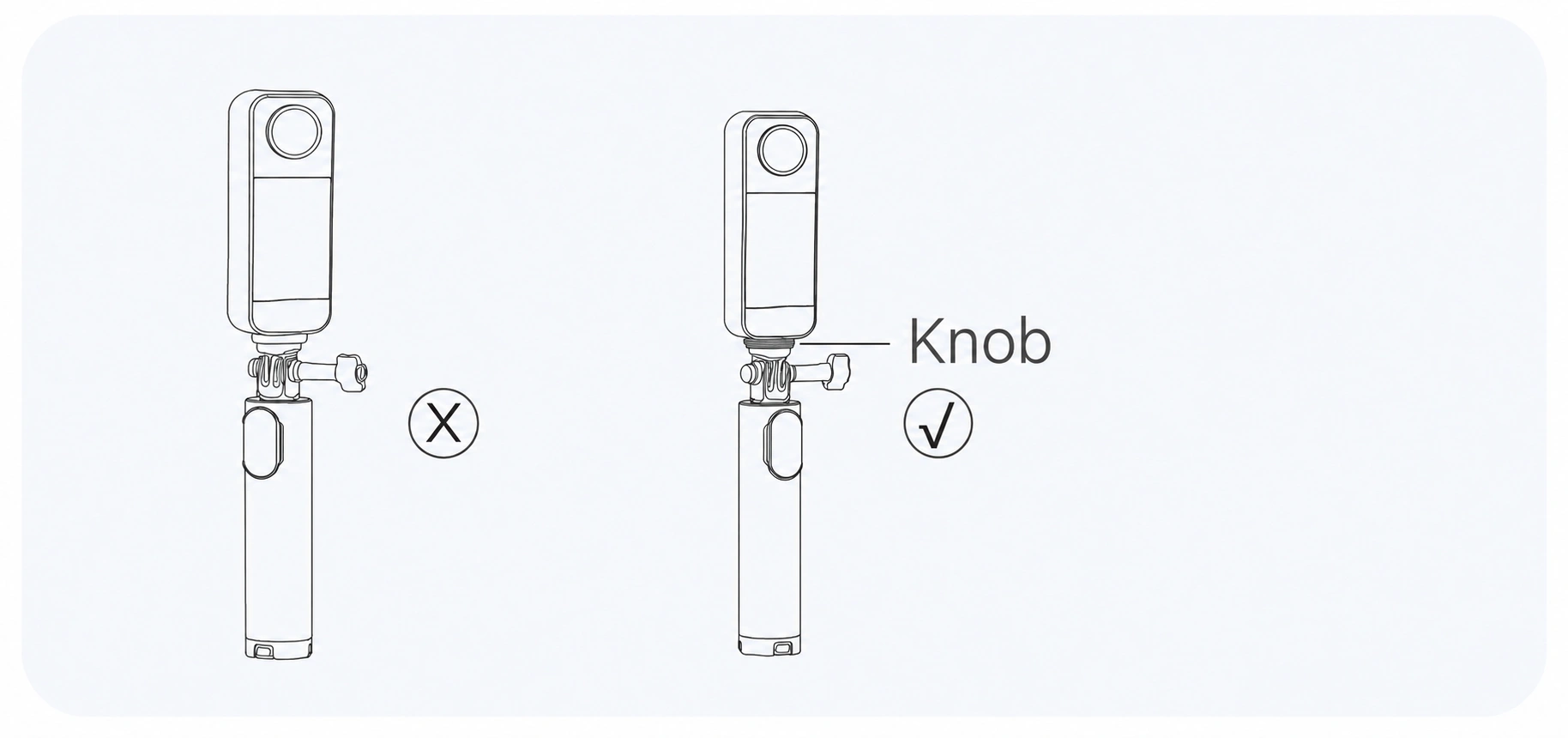 Correct parallel alignment of a 360 camera and the tripod, including the fastening knob