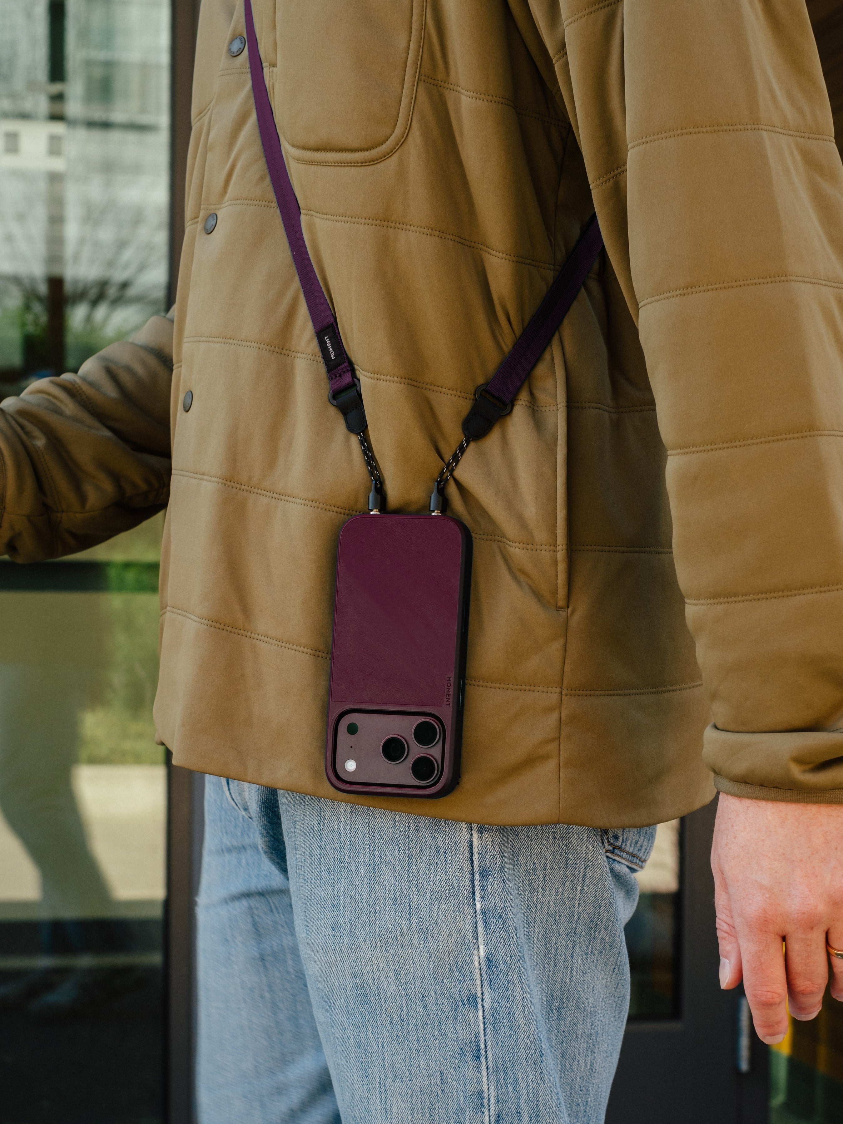 Burgundy Moment Mobile Adjustable Crossbody Strap worn crossbody