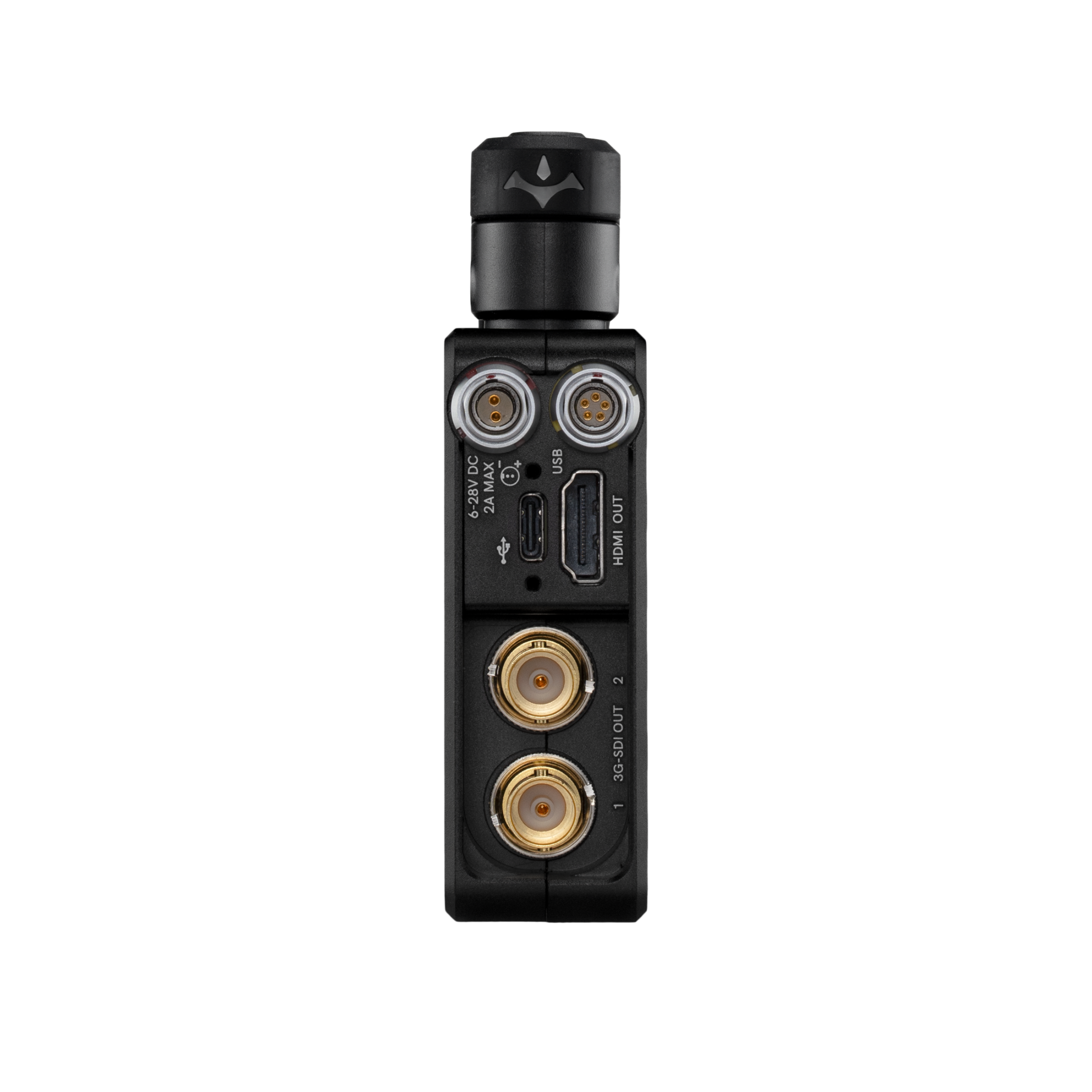 Detail bočního panelu Teradek Bolt 6 LT 750 RX: dva konektory 3G-SDI OUT, HDMI OUT, USB a napájení 6–28 V DC