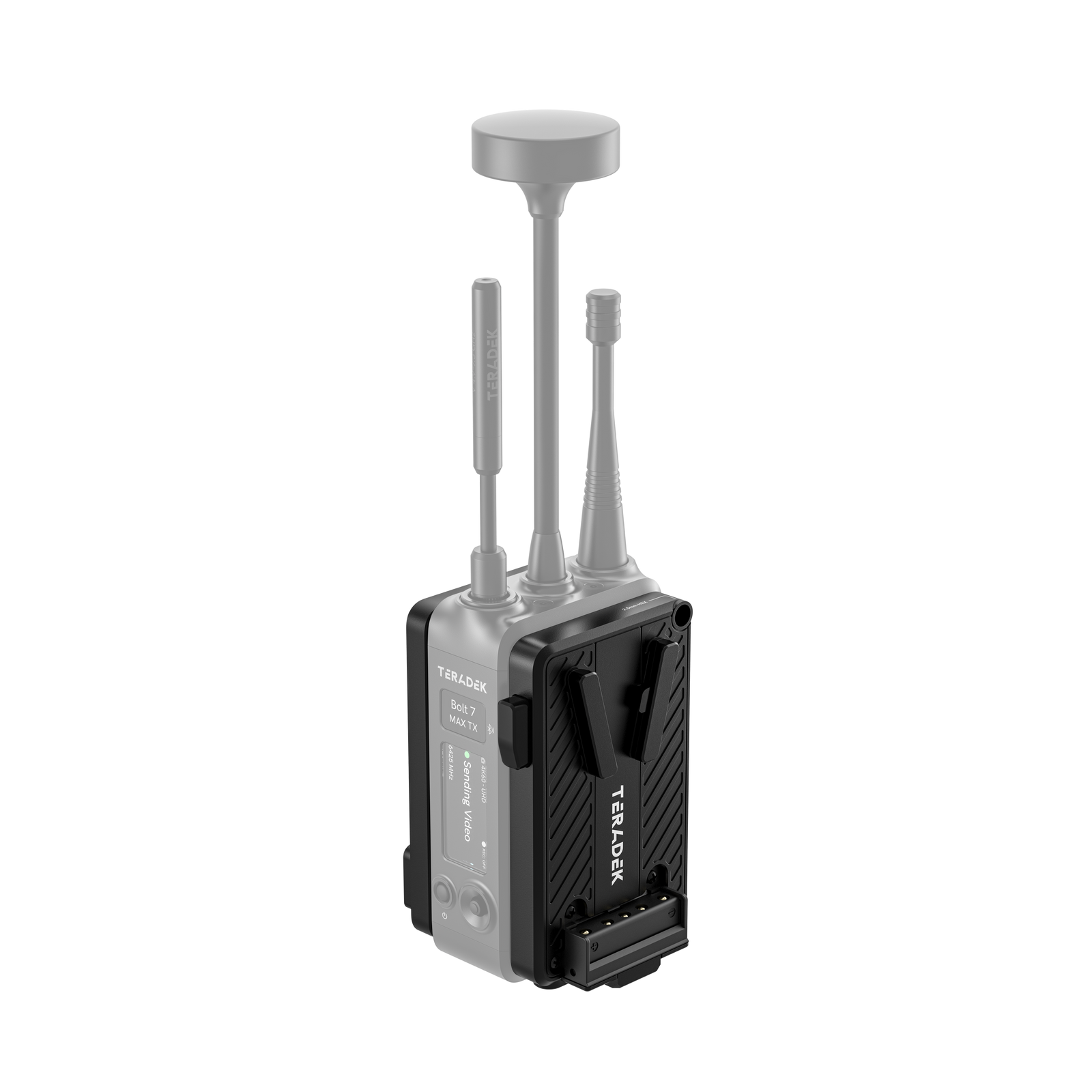 V-Mount battery cradle namontovaný na vysílači Teradek Bolt 7