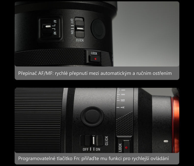 Meike 85mm F1.4 STM MIX II SL – Ovládací prvky na těle objektivu