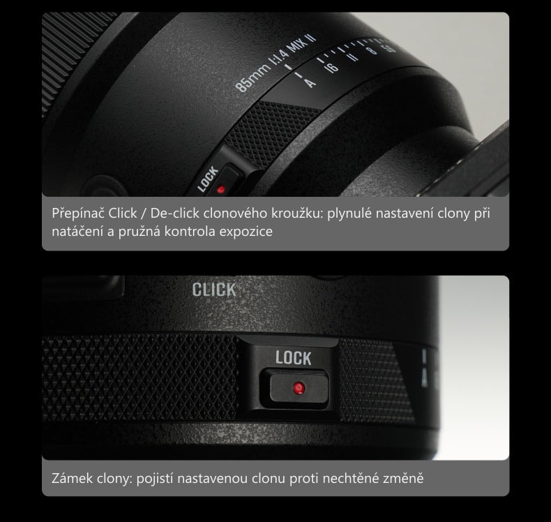 Meike 85mm F1.4 STM MIX II SL – Ovládací prvky na těle objektivu